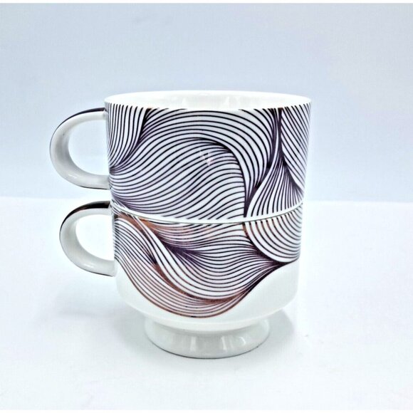 Davids Tea Geometric Wave Design Set of 2 Mugs Stackable Purple Waves Stemmed - Picture 5 of 6